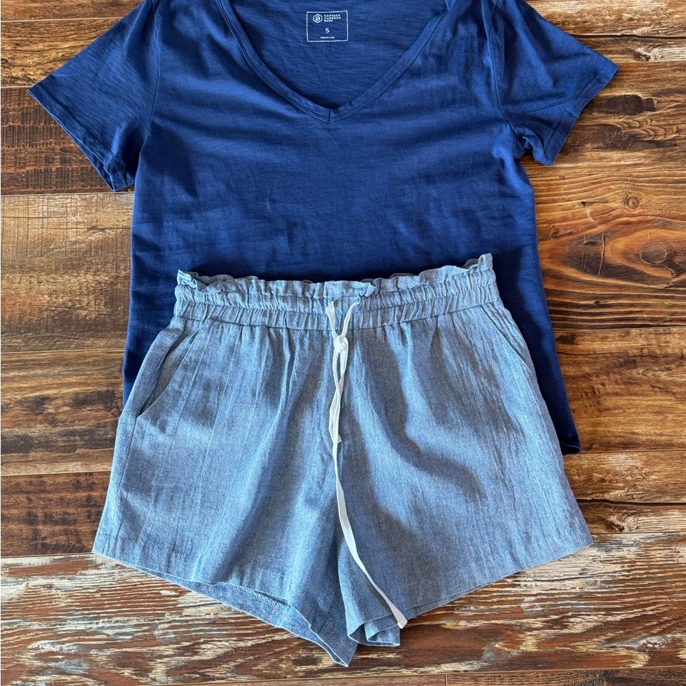 Bundle: Navy Blue V-Neck Top and Light Blue Paperbag Waist Drawstring Shorts